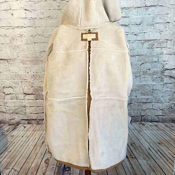 Michael Kors Faux Fur Shearling Suede Longline Hooded Jacket Full Zip Tan Gold - Picture 6 of 10